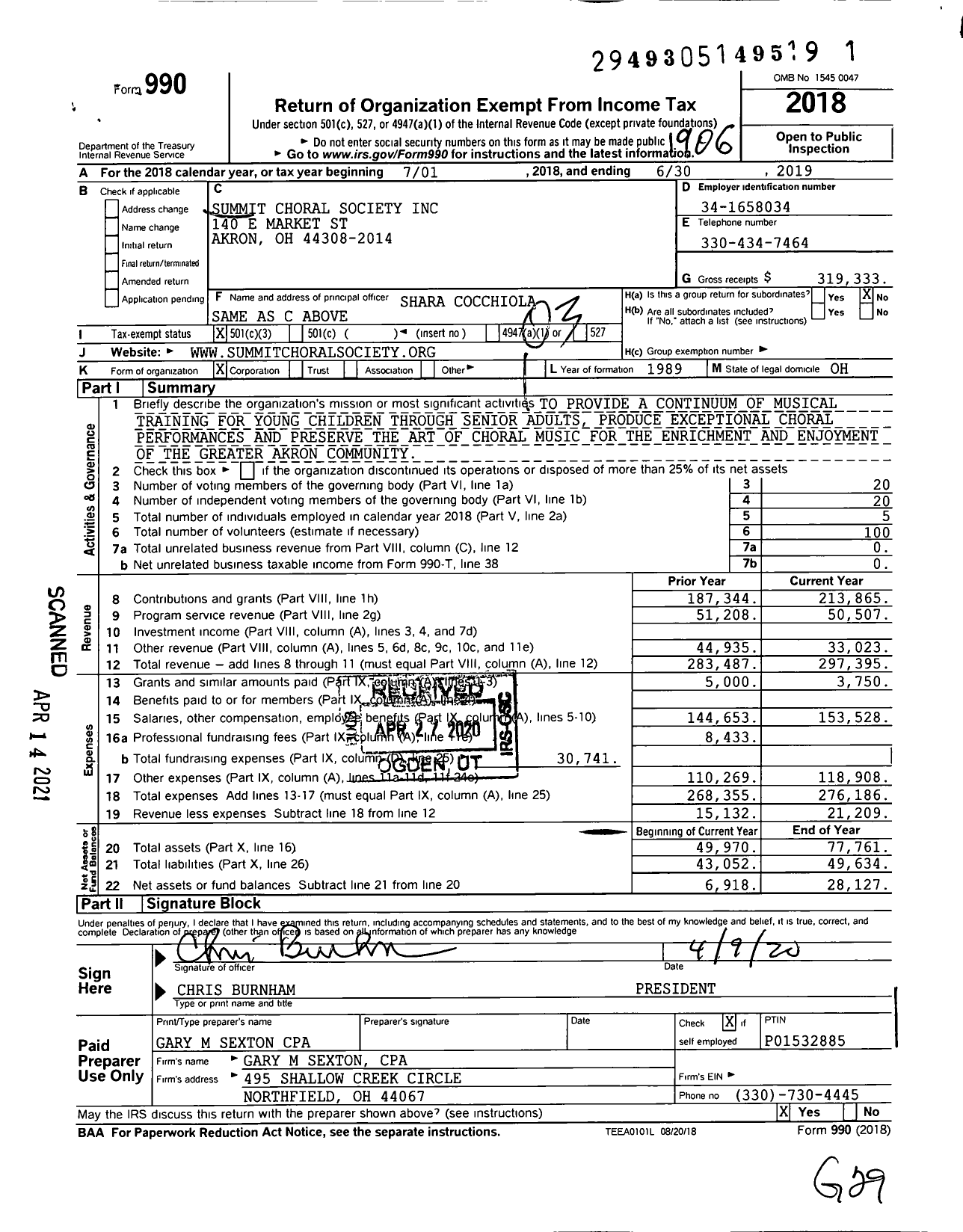 Image of first page of 2018 Form 990 for Summit Choral Society