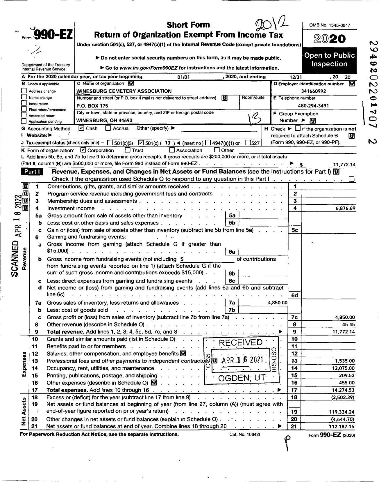 Image of first page of 2020 Form 990EO for Winesburg Cemetery Association