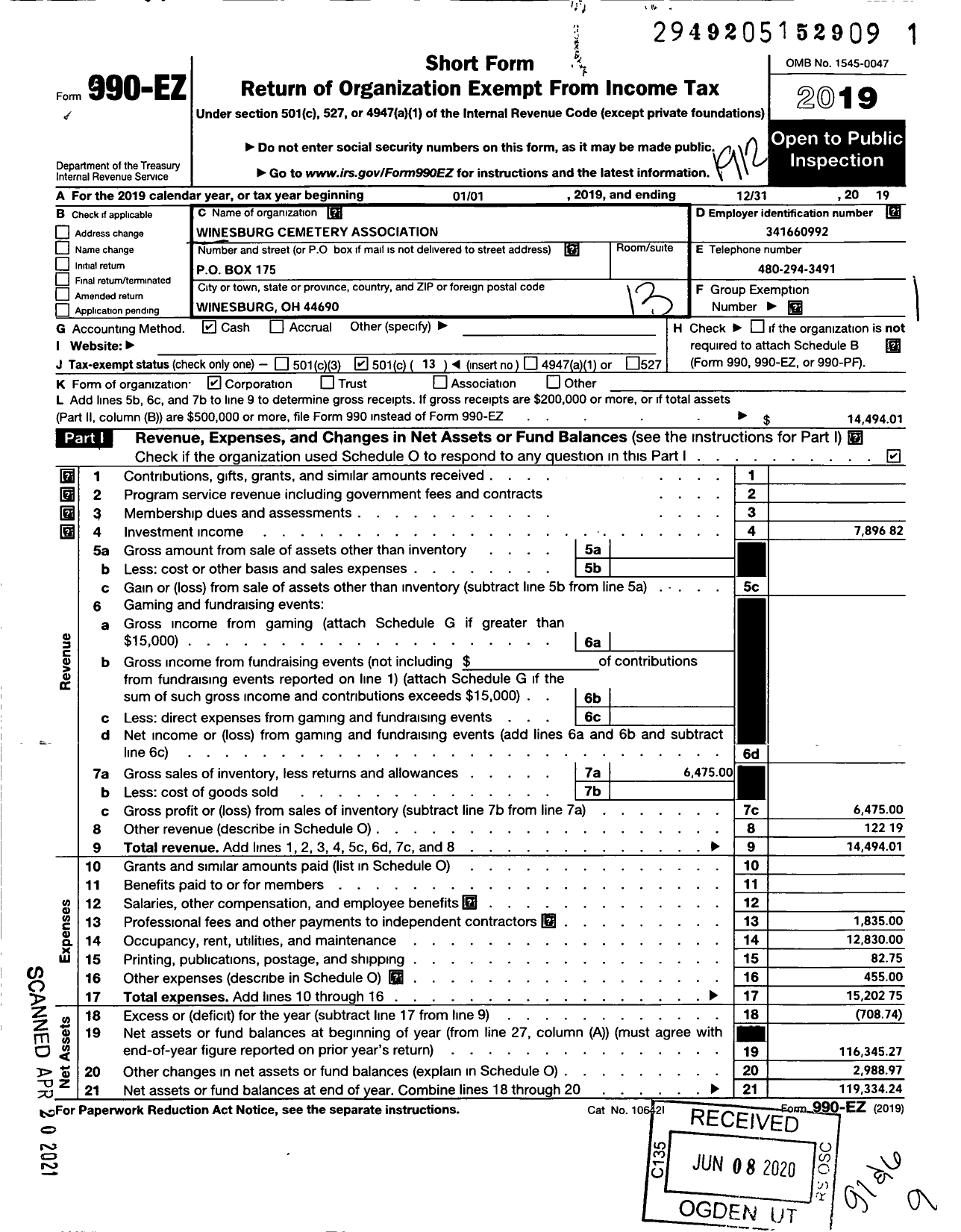 Image of first page of 2019 Form 990EO for Winesburg Cemetery Association