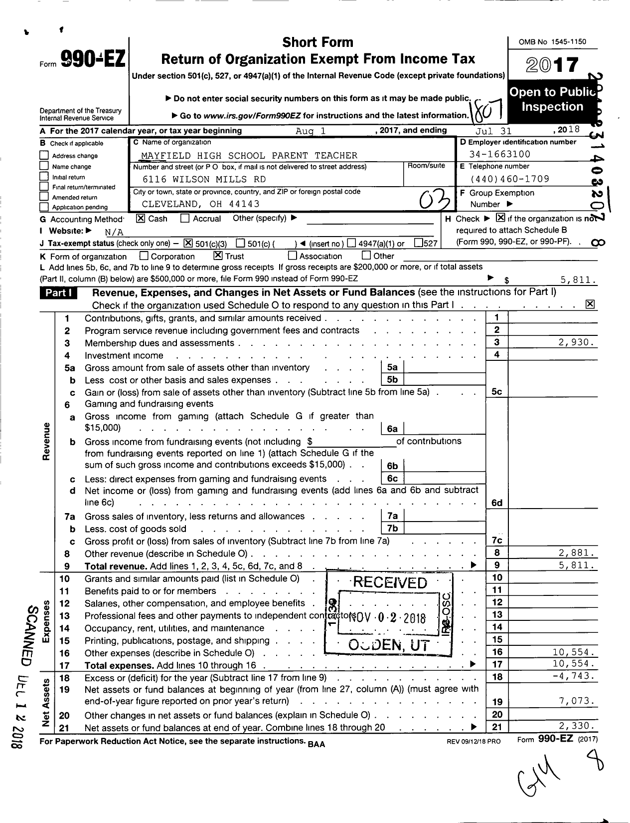 Image of first page of 2017 Form 990EZ for Mayfield High School Parent Teacher