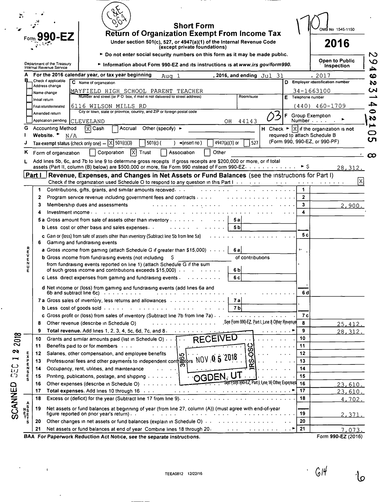 Image of first page of 2016 Form 990EZ for Mayfield High School Parent Teacher