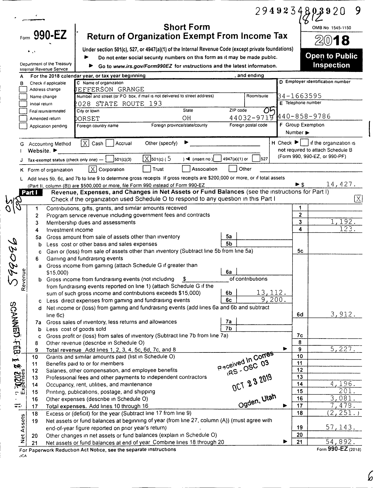 Image of first page of 2018 Form 990EO for Jefferson Grange