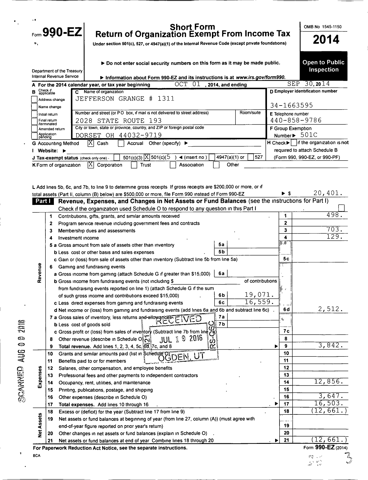 Image of first page of 2013 Form 990EO for Jefferson Grange