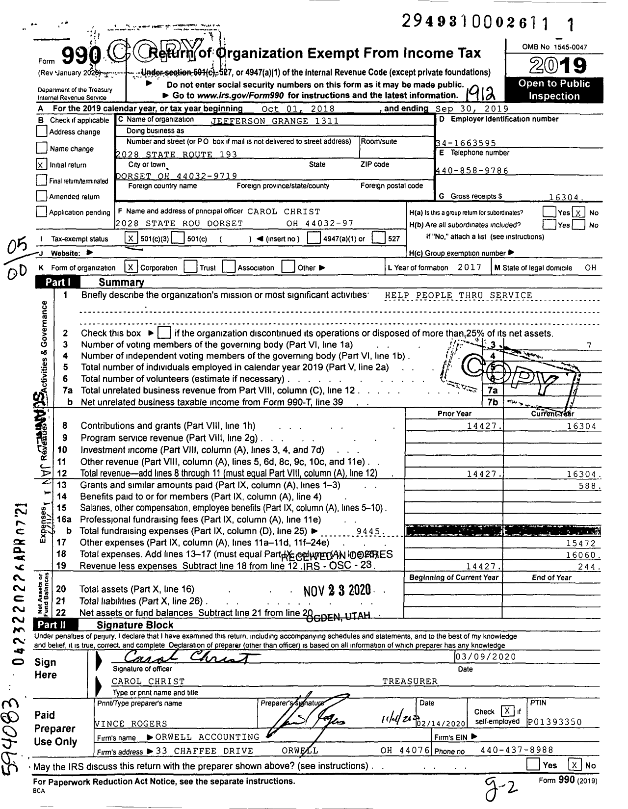 Image of first page of 2019 Form 990O for Jefferson Grange