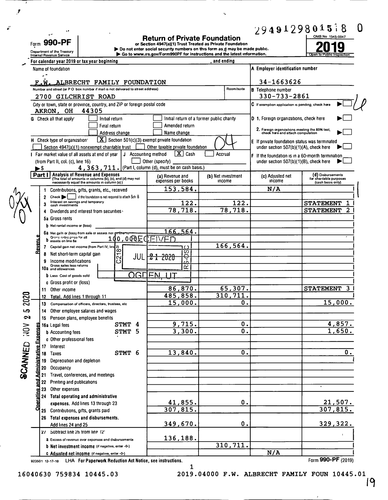 Image of first page of 2019 Form 990PF for FW Albrecht Family Foundation