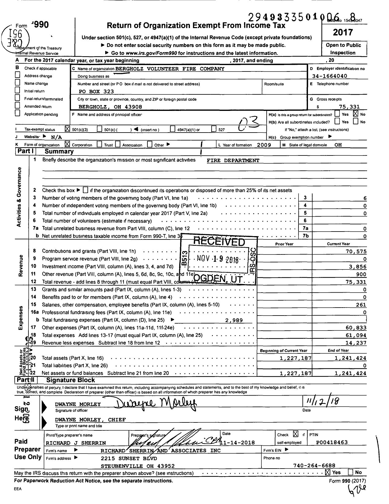 Image of first page of 2017 Form 990 for Bergholz Volunteer Fire Company