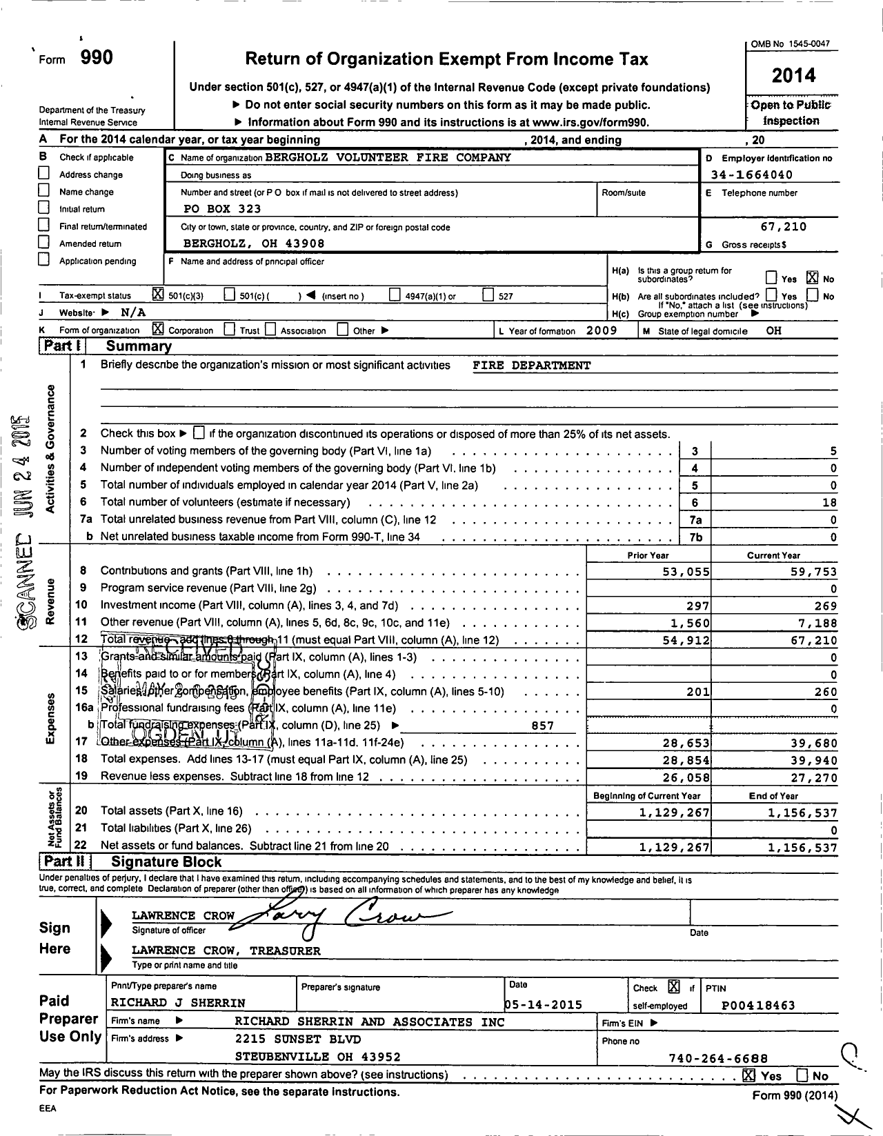 Image of first page of 2014 Form 990 for Bergholz Volunteer Fire Company