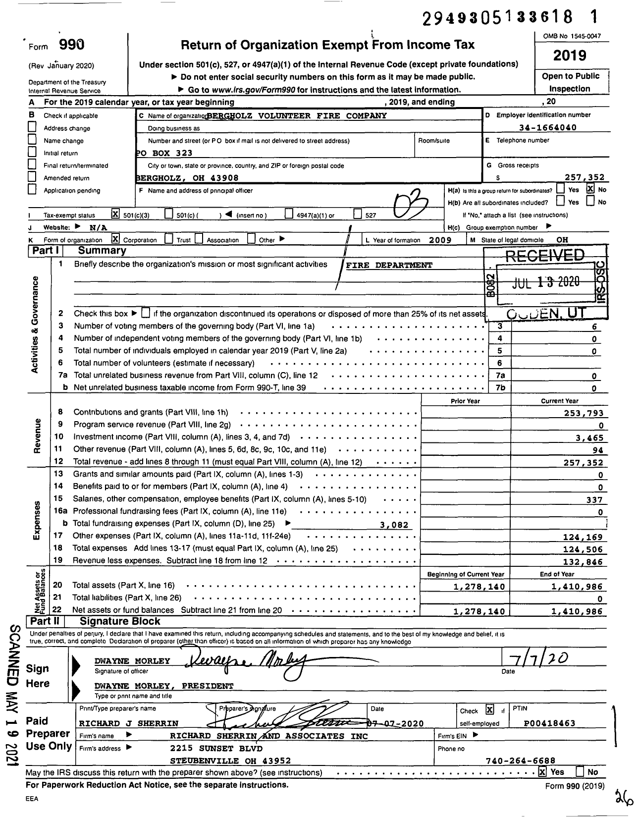 Image of first page of 2019 Form 990 for Bergholz Volunteer Fire Company