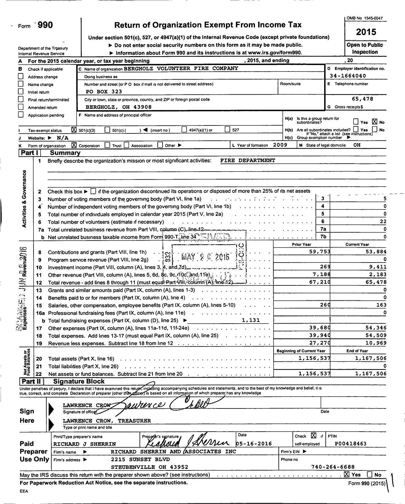 Image of first page of 2015 Form 990 for Bergholz Volunteer Fire Company