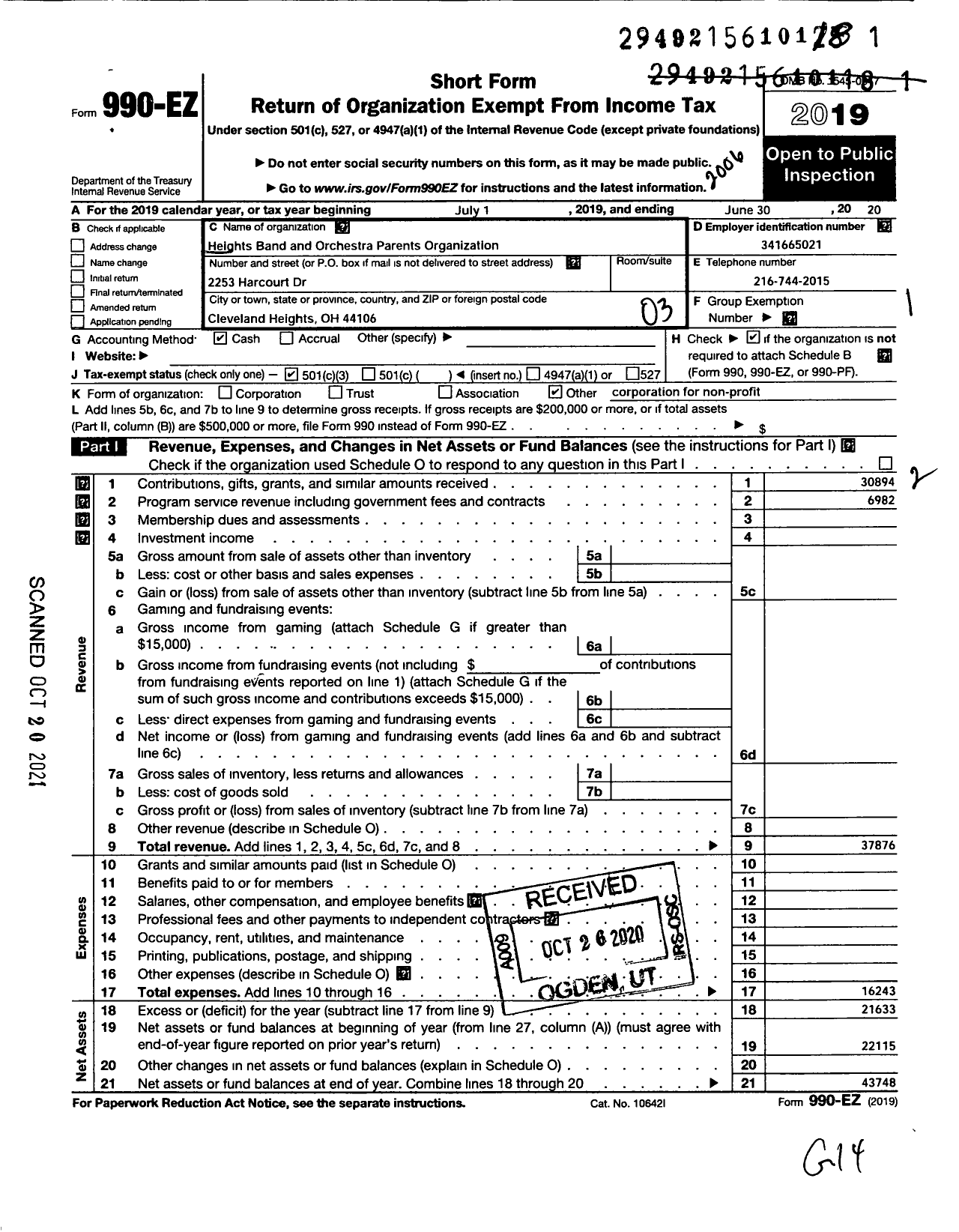 Image of first page of 2019 Form 990EZ for Heights Band and Orchestra Parents Organization