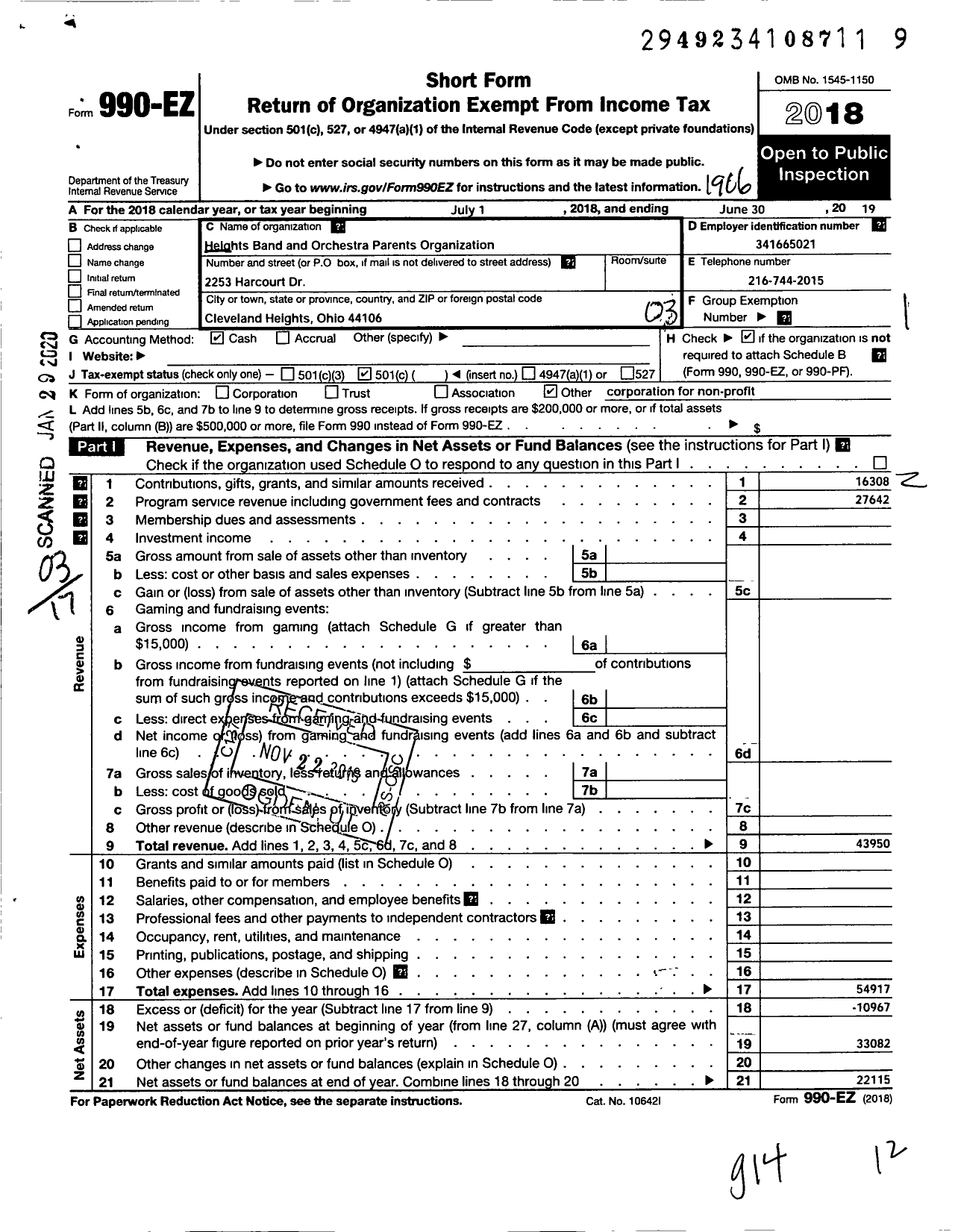 Image of first page of 2018 Form 990EZ for Heights Band and Orchestra Parents Organization