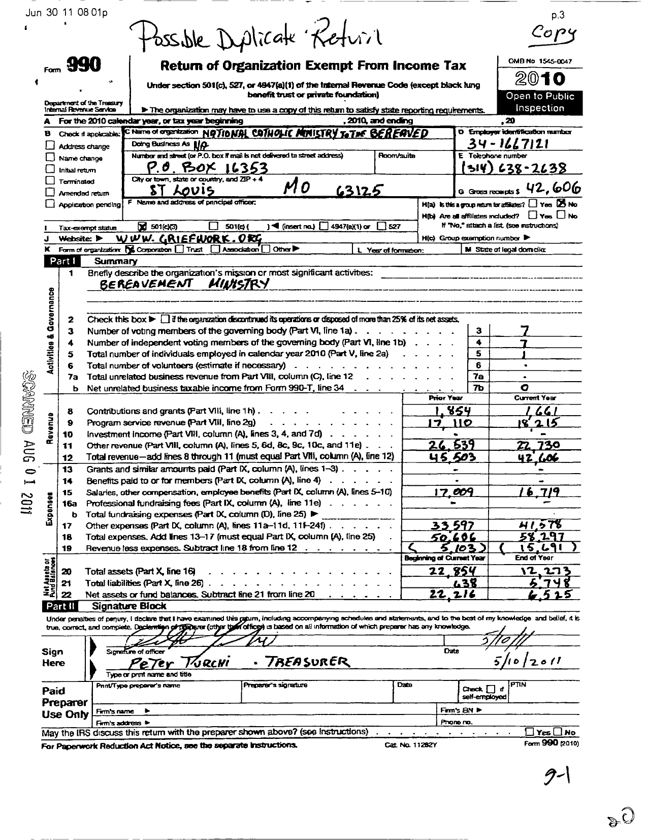 Image of first page of 2010 Form 990 for National Catholic Ministry To the Bereaved Incorporated