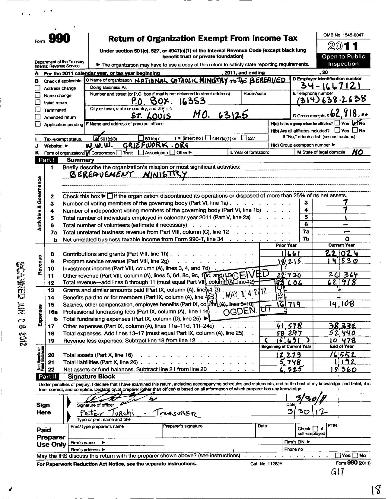 Image of first page of 2011 Form 990 for National Catholic Ministry To the Bereaved Incorporated