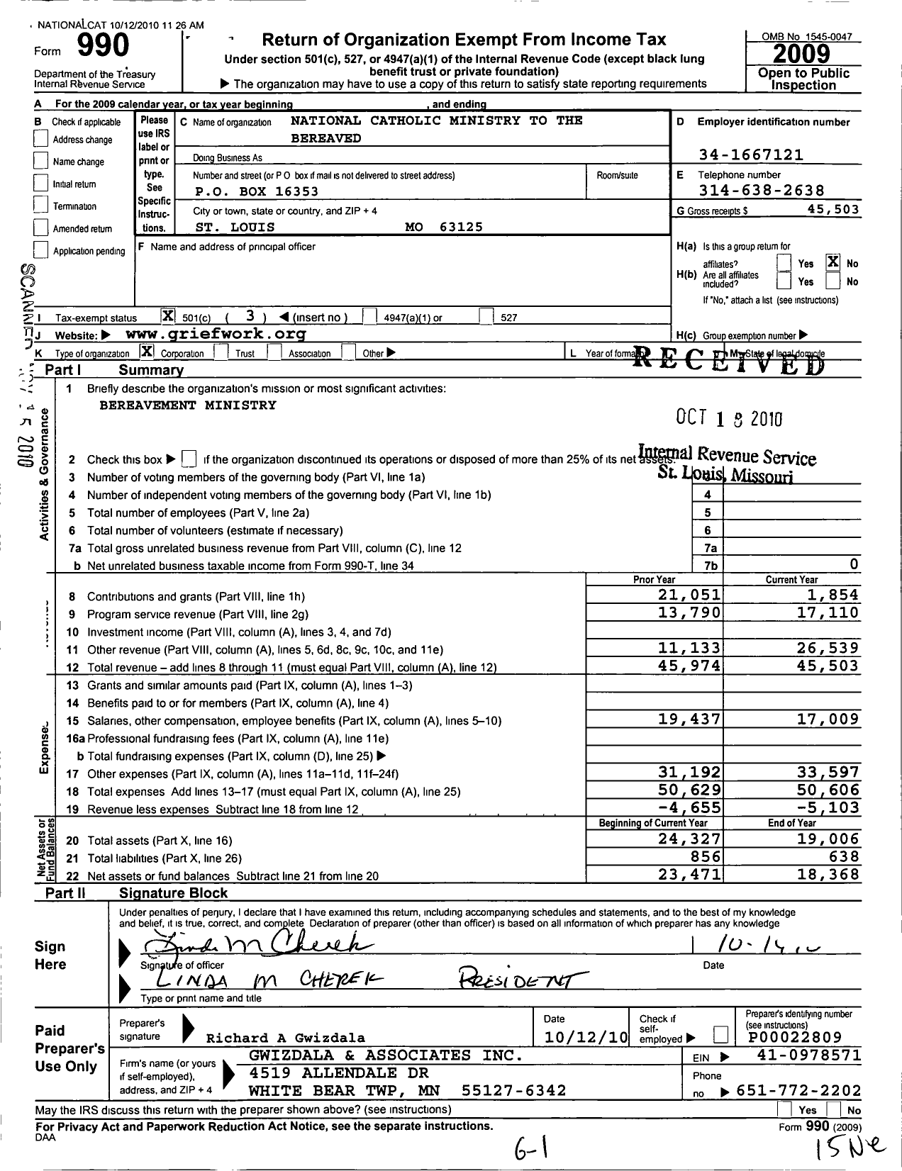 Image of first page of 2009 Form 990 for National Catholic Ministry To the Bereaved Incorporated