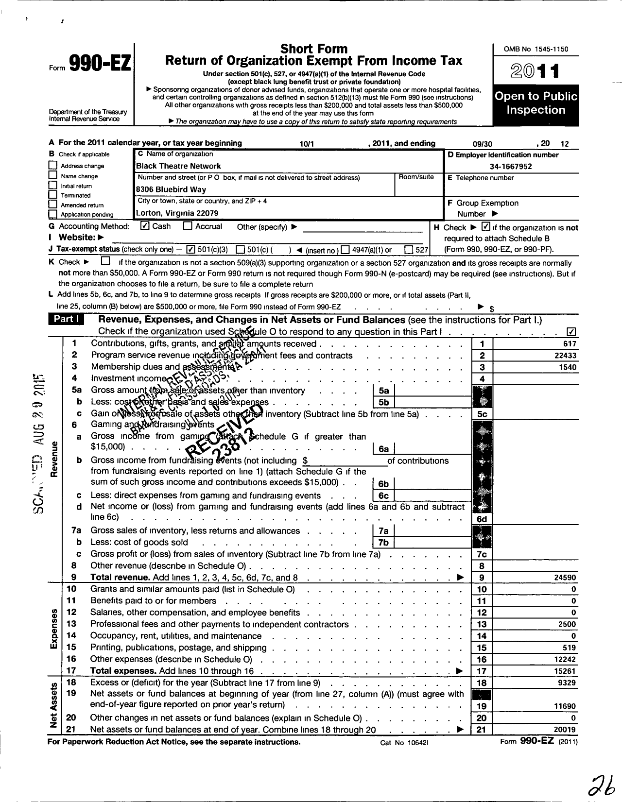 Image of first page of 2011 Form 990EZ for Black Theatre Network