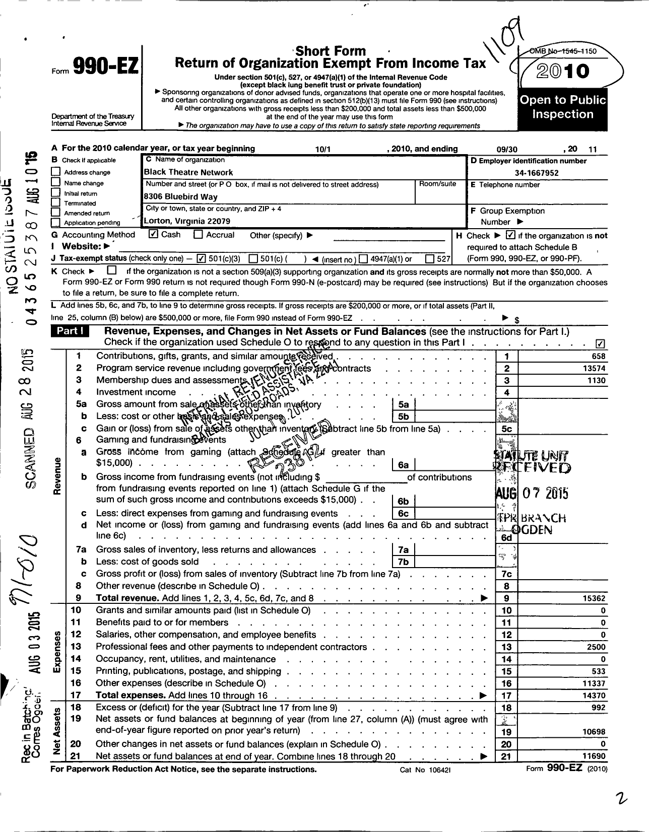 Image of first page of 2010 Form 990EZ for Black Theatre Network