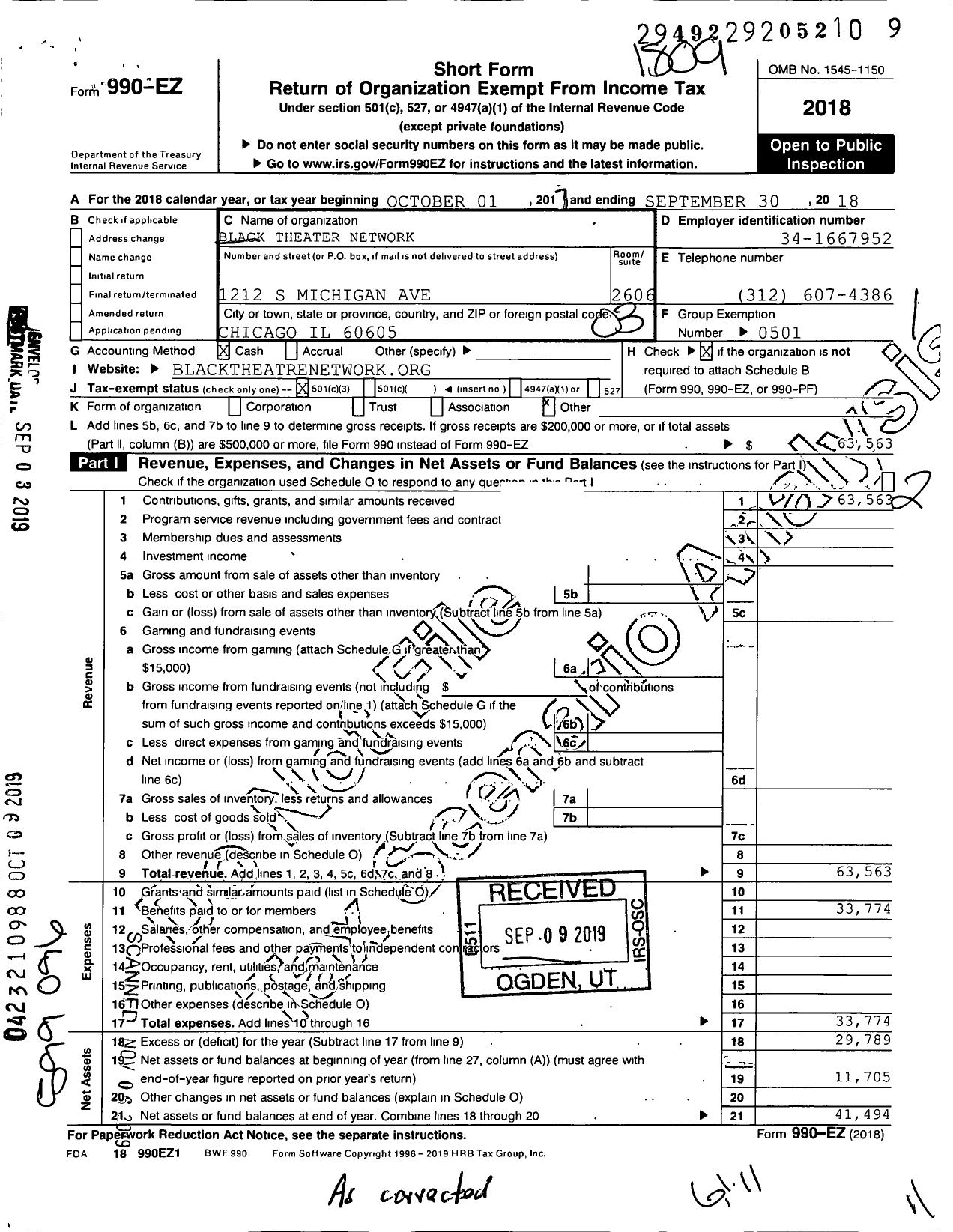 Image of first page of 2017 Form 990EZ for Black Theatre Network