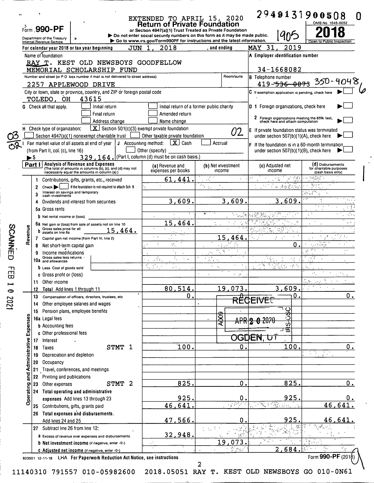 Image of first page of 2018 Form 990PF for Ray T Kest Old Newsboys Goodfellow