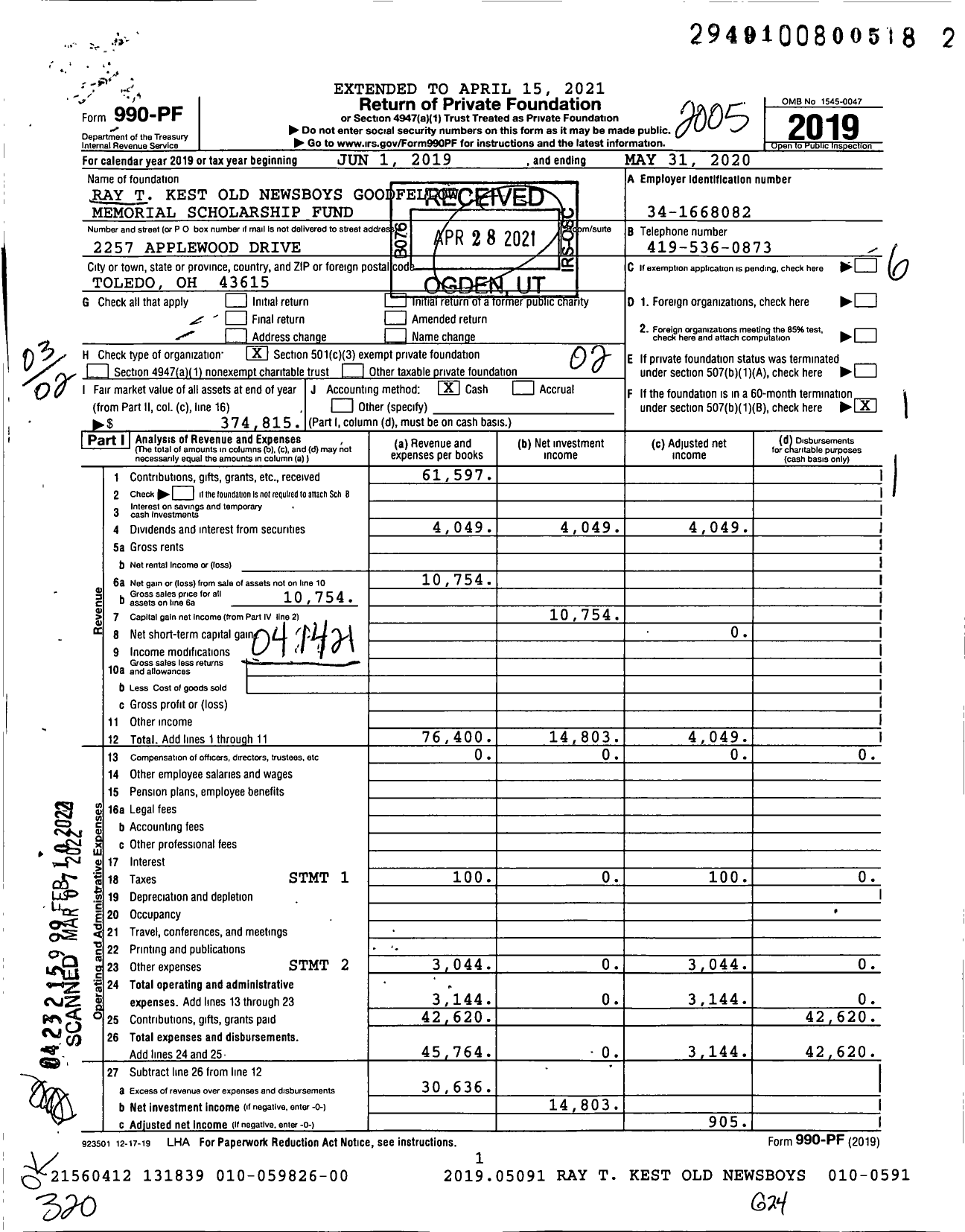 Image of first page of 2019 Form 990PF for Ray T Kest Old Newsboys Goodfellow