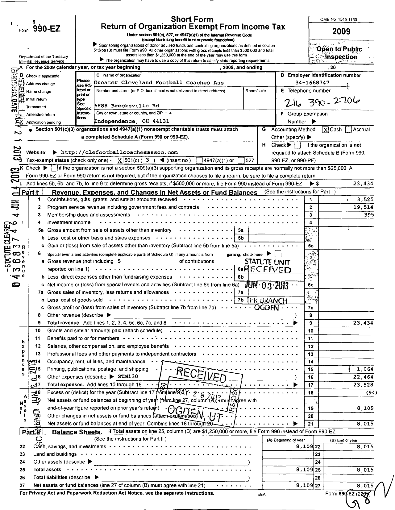 Image of first page of 2009 Form 990EZ for Greater Cleveland Football Coaches Association