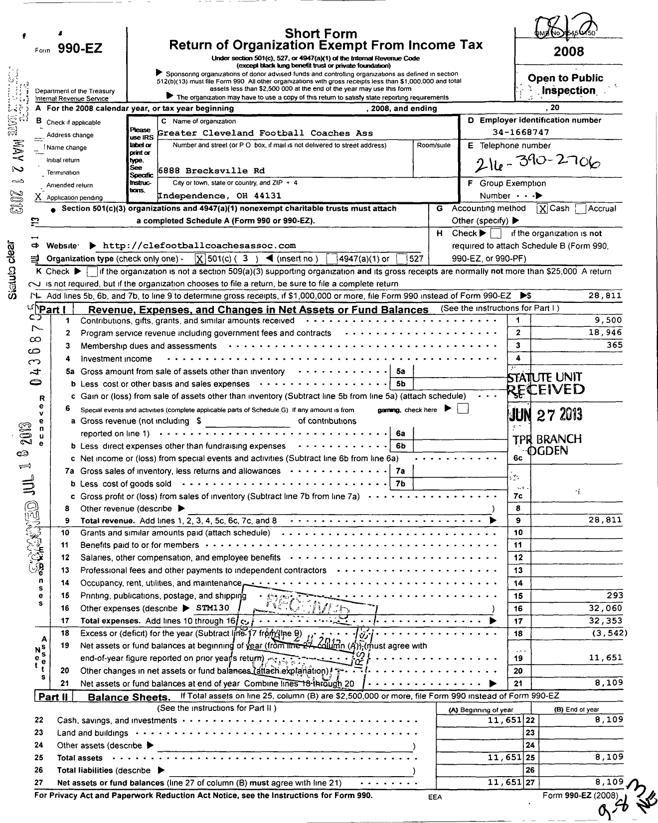 Image of first page of 2008 Form 990EZ for Greater Cleveland Football Coaches Association