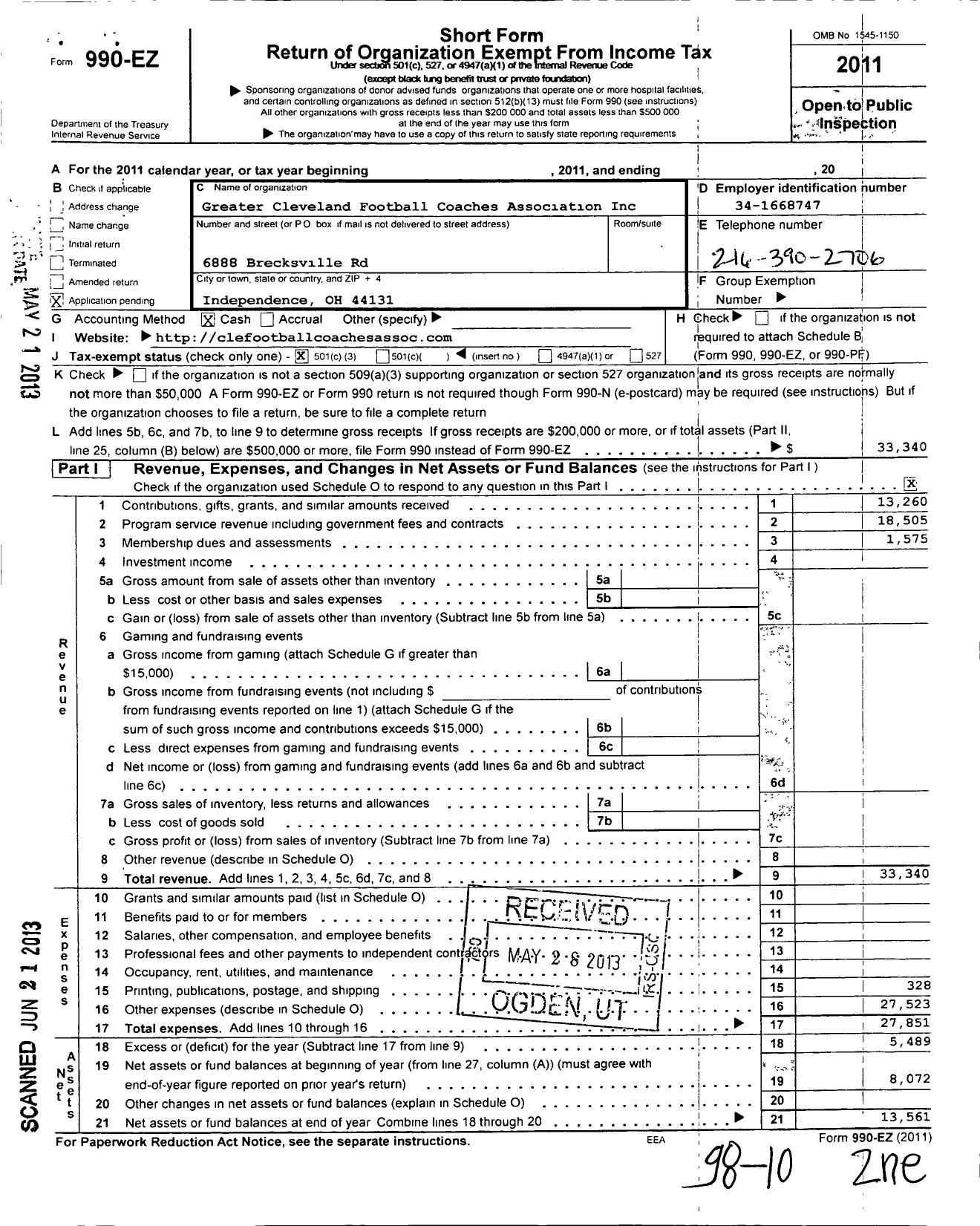 Image of first page of 2011 Form 990EZ for Greater Cleveland Football Coaches Association