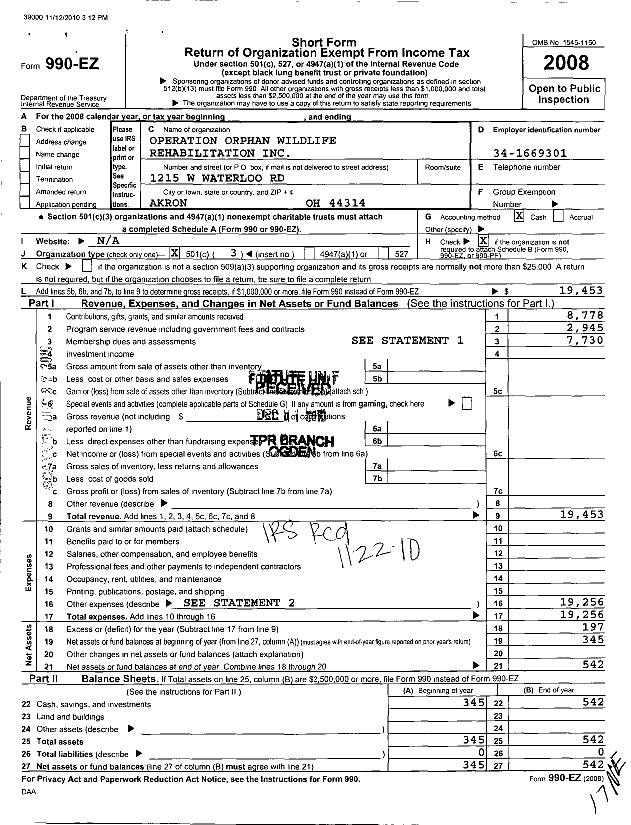 Image of first page of 2008 Form 990EZ for Operation Orphan Wildlife