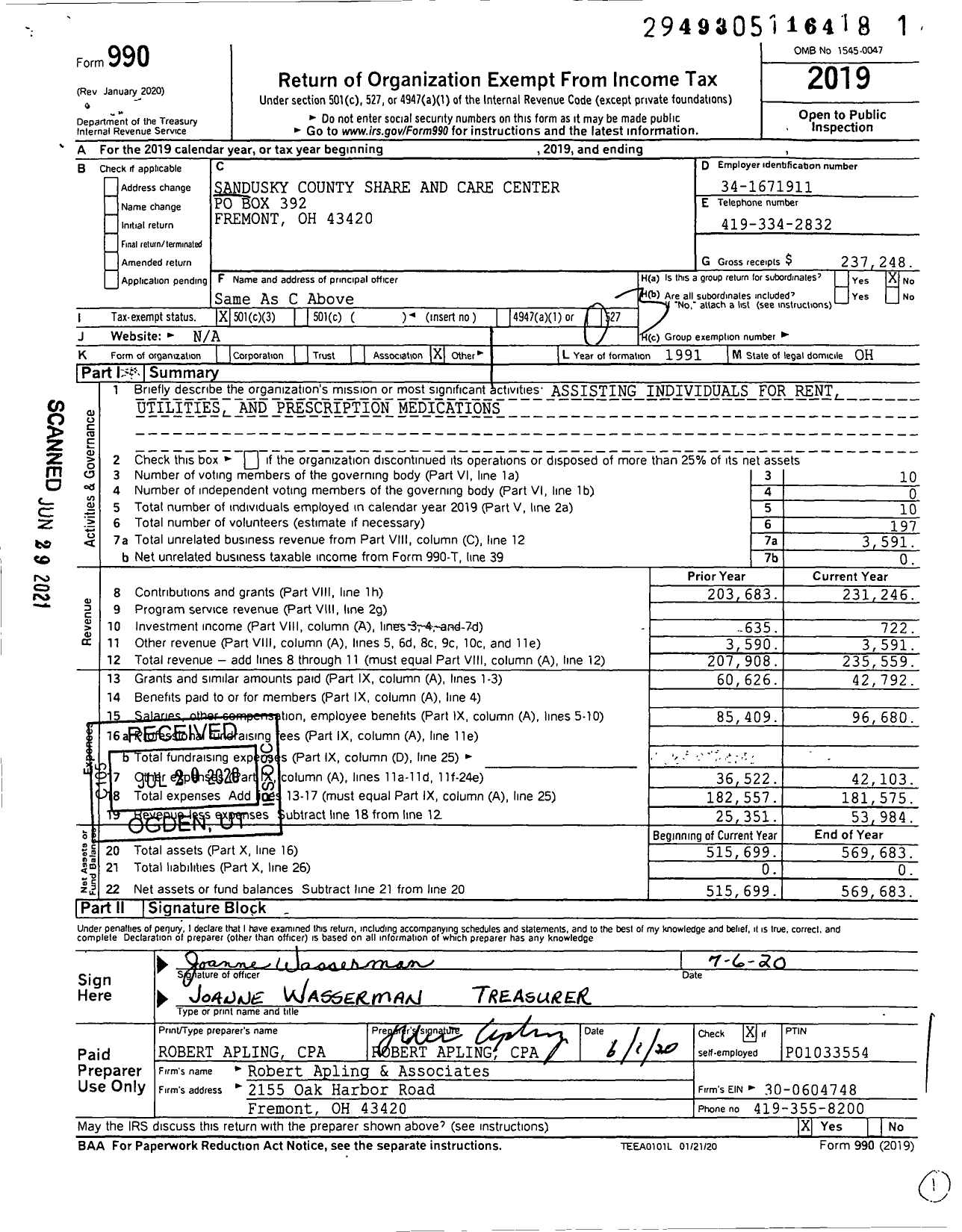 Image of first page of 2019 Form 990 for Sandusky County Share and Care Center