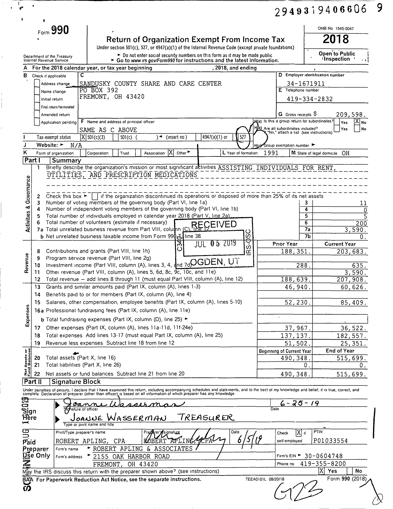 Image of first page of 2018 Form 990 for Sandusky County Share and Care Center