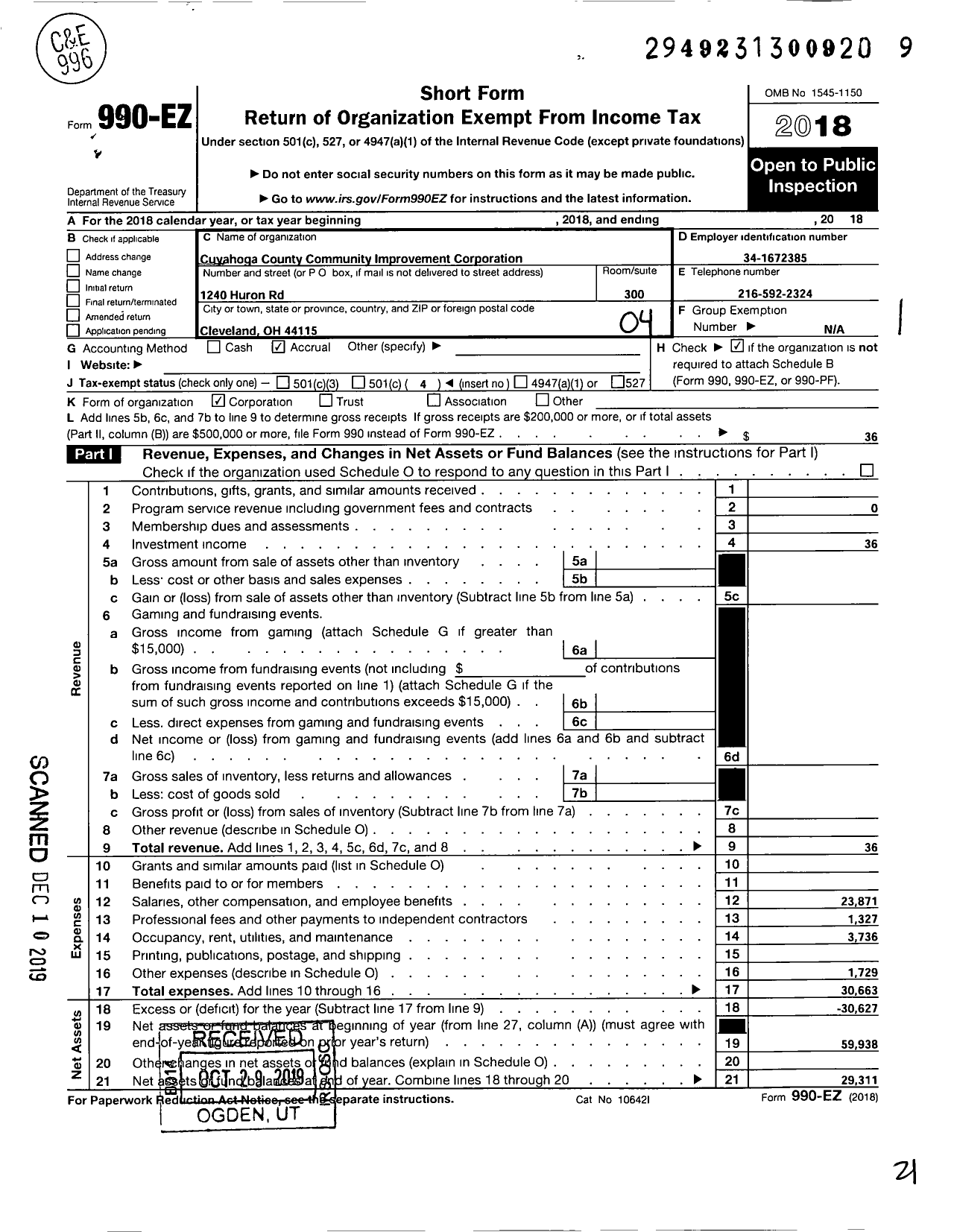 Image of first page of 2018 Form 990EO for Cuyahoga County Community Improvement Corporation