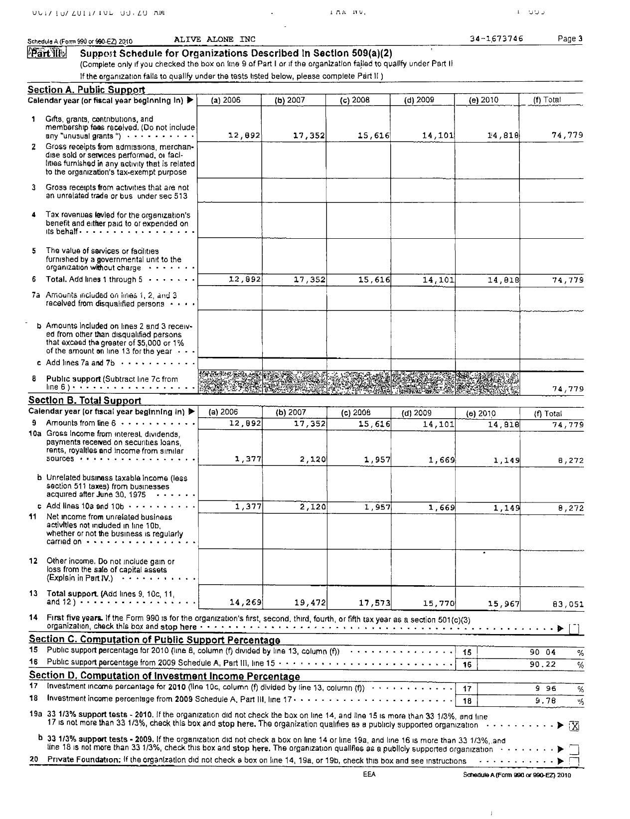 Image of first page of 2010 Form 990ER for Alive Alone