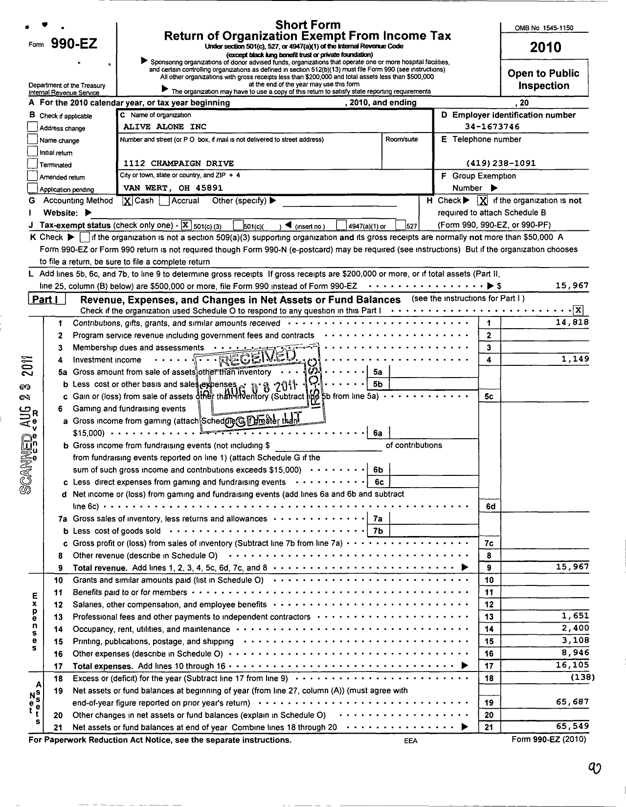 Image of first page of 2010 Form 990EZ for Alive Alone