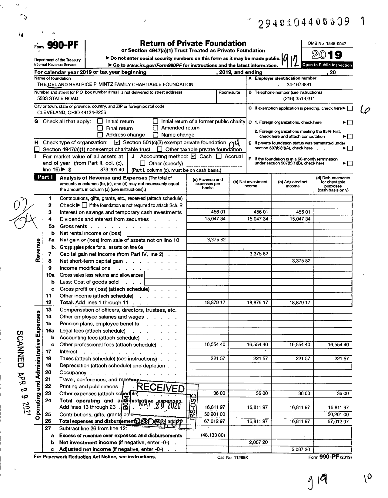 Image of first page of 2019 Form 990PF for Del and Beatrice P Mintz Family Charitable Foundation