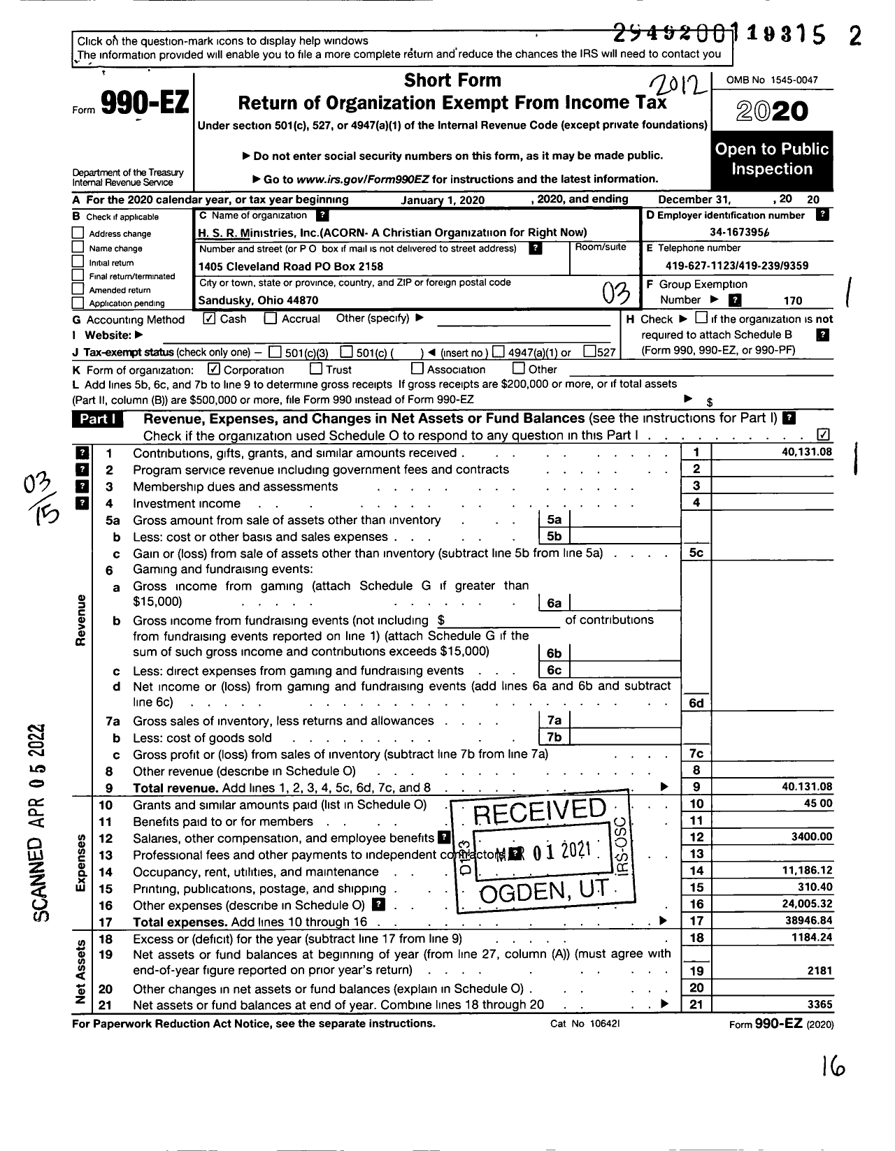 Image of first page of 2020 Form 990EZ for HSR Ministries Acron-A Christian Organization for Right N