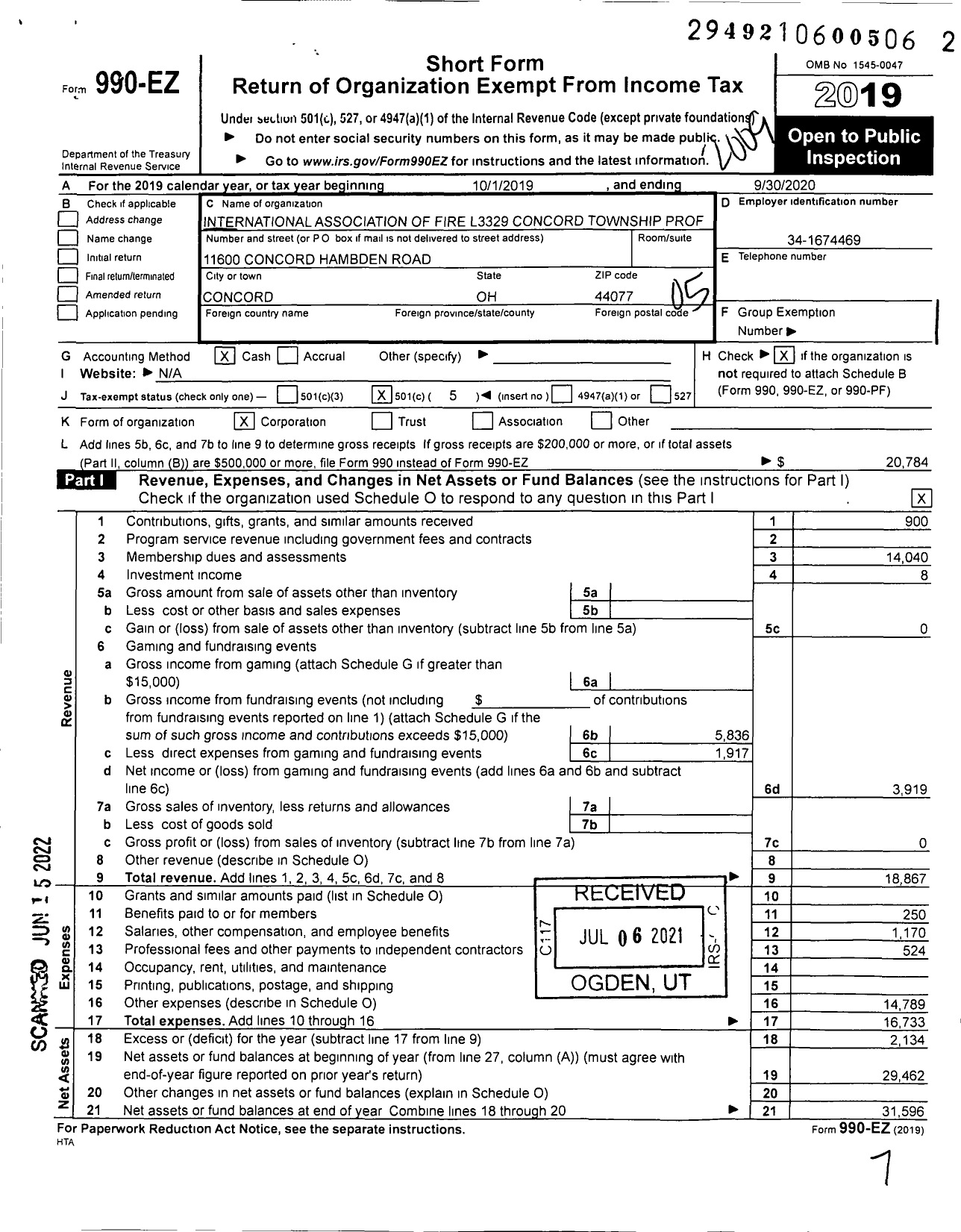 Image of first page of 2019 Form 990EO for International Association of Fire Fighters - L3329 Concord Township Prof Fire Fi