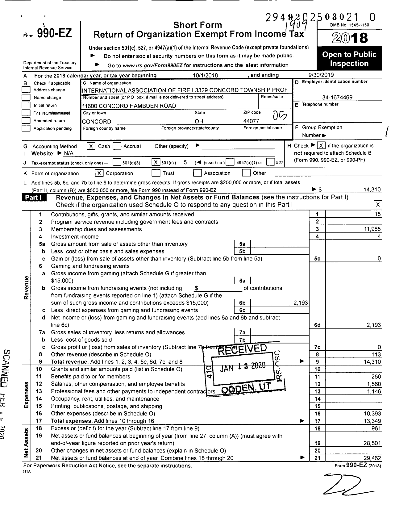 Image of first page of 2018 Form 990EO for International Association of Fire Fighters - L3329 Concord Township Prof Fire Fi