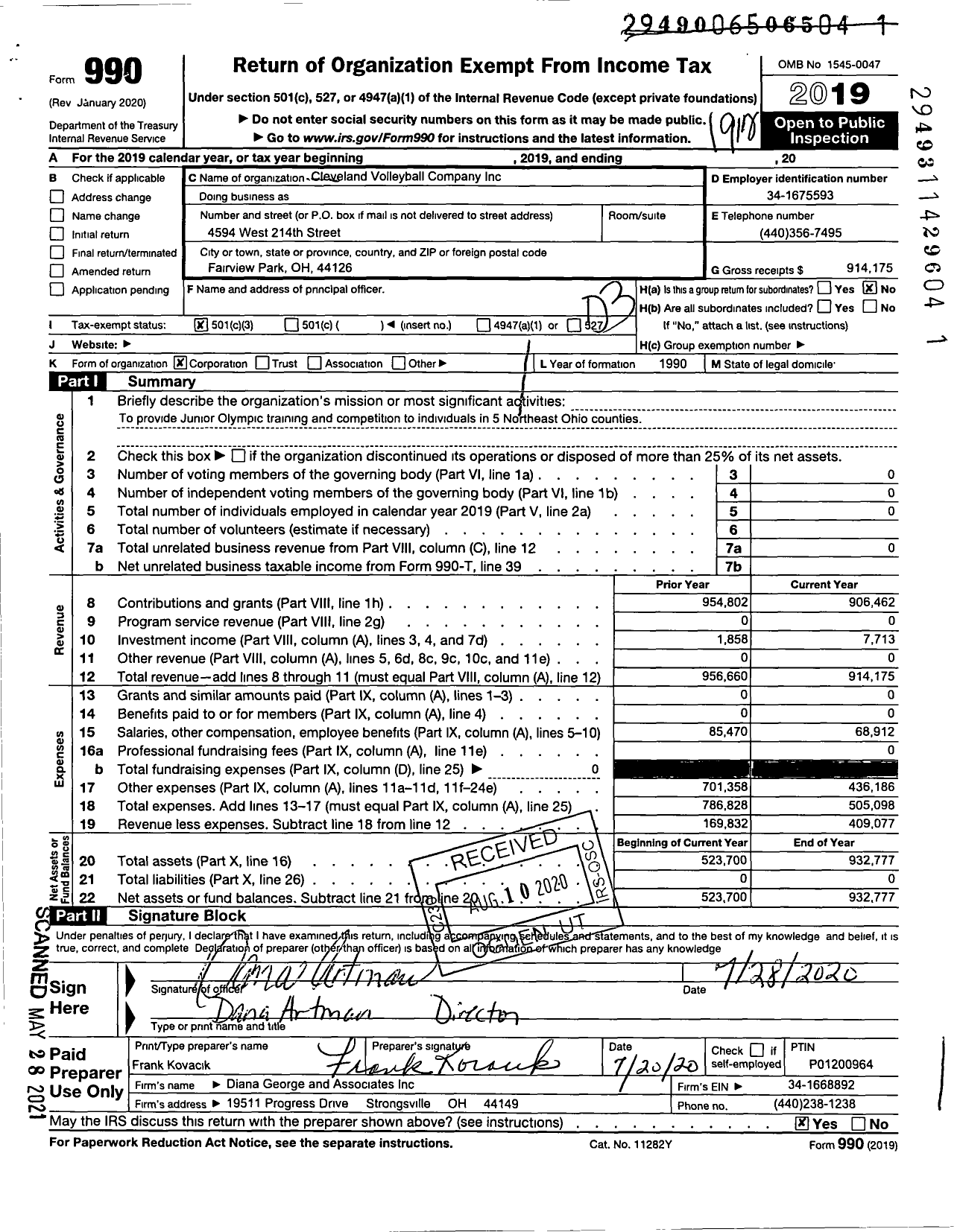 Image of first page of 2019 Form 990 for Cleveland Volleyball Company