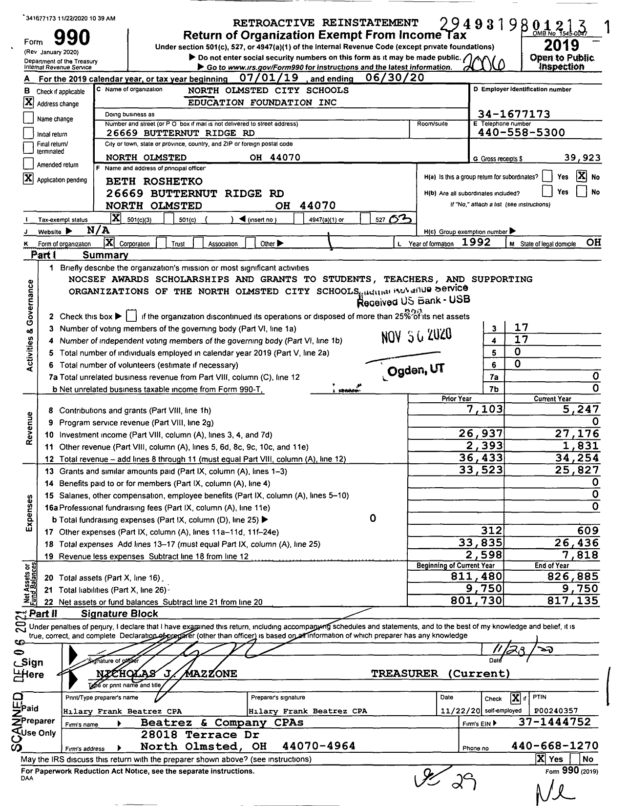 Image of first page of 2019 Form 990 for North Olmsted City Schools Education Foundation