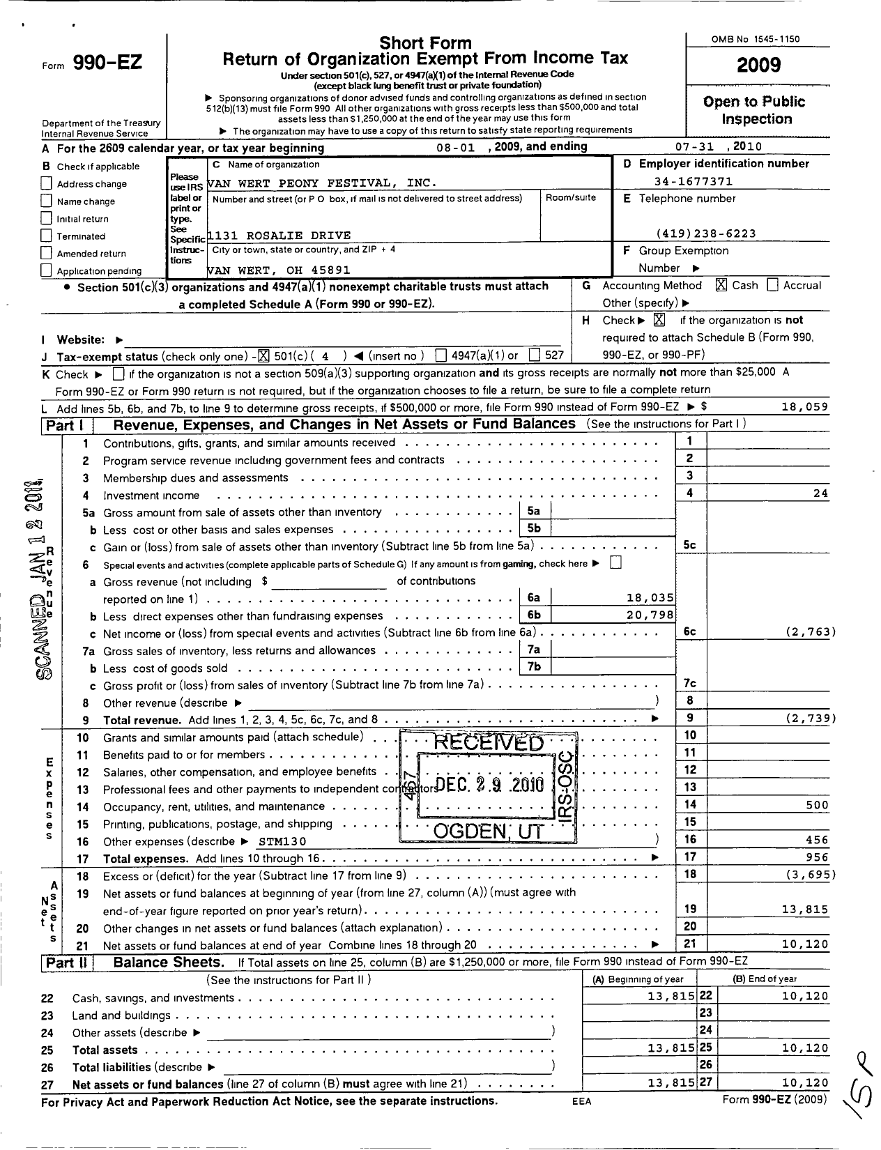 Image of first page of 2009 Form 990EO for Van Wert Peony Festival