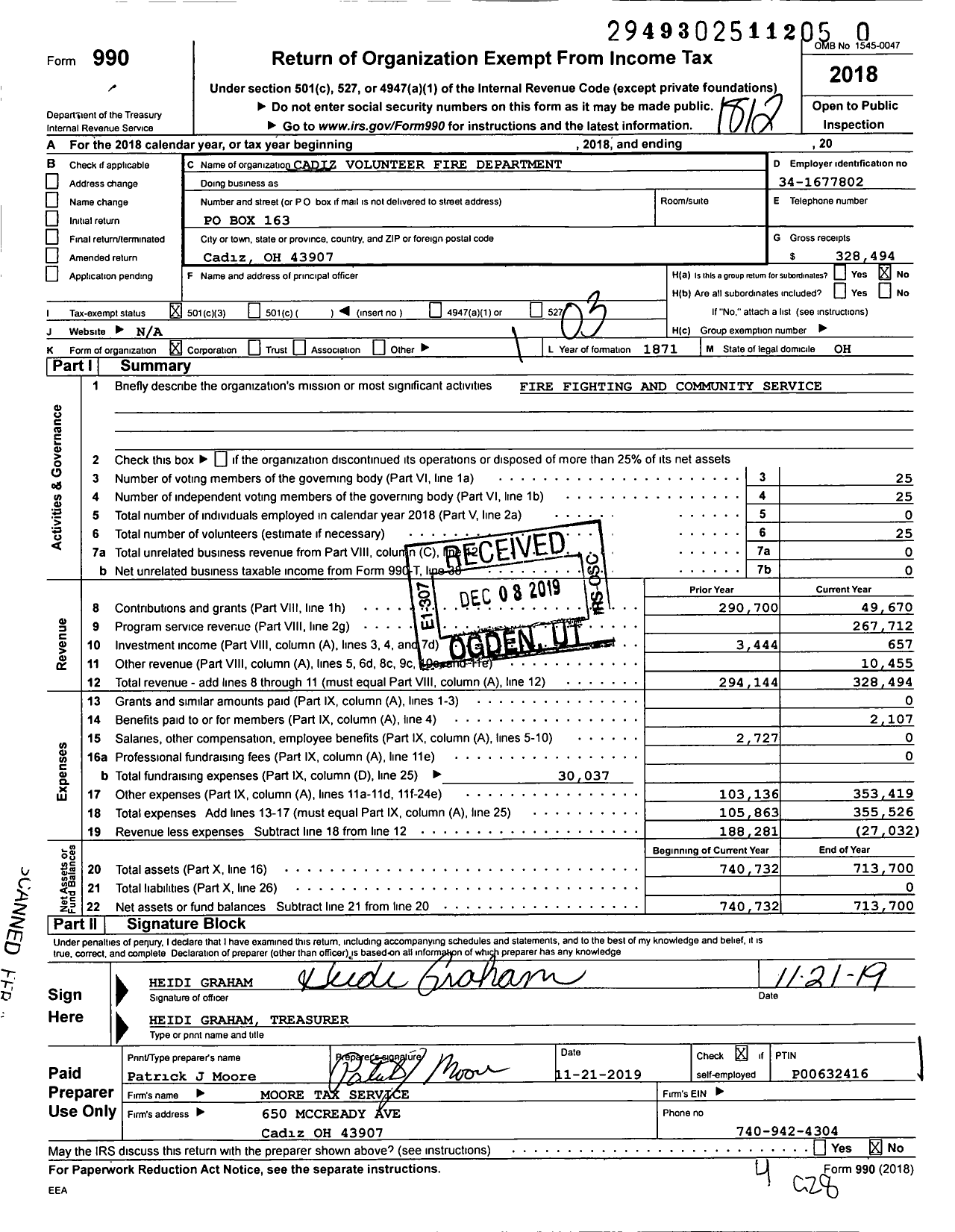Image of first page of 2018 Form 990 for Cadiz Volunteer Fire Department