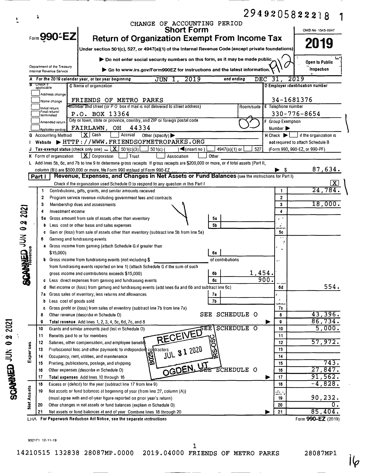 Image of first page of 2019 Form 990EZ for Friends of Metro Parks