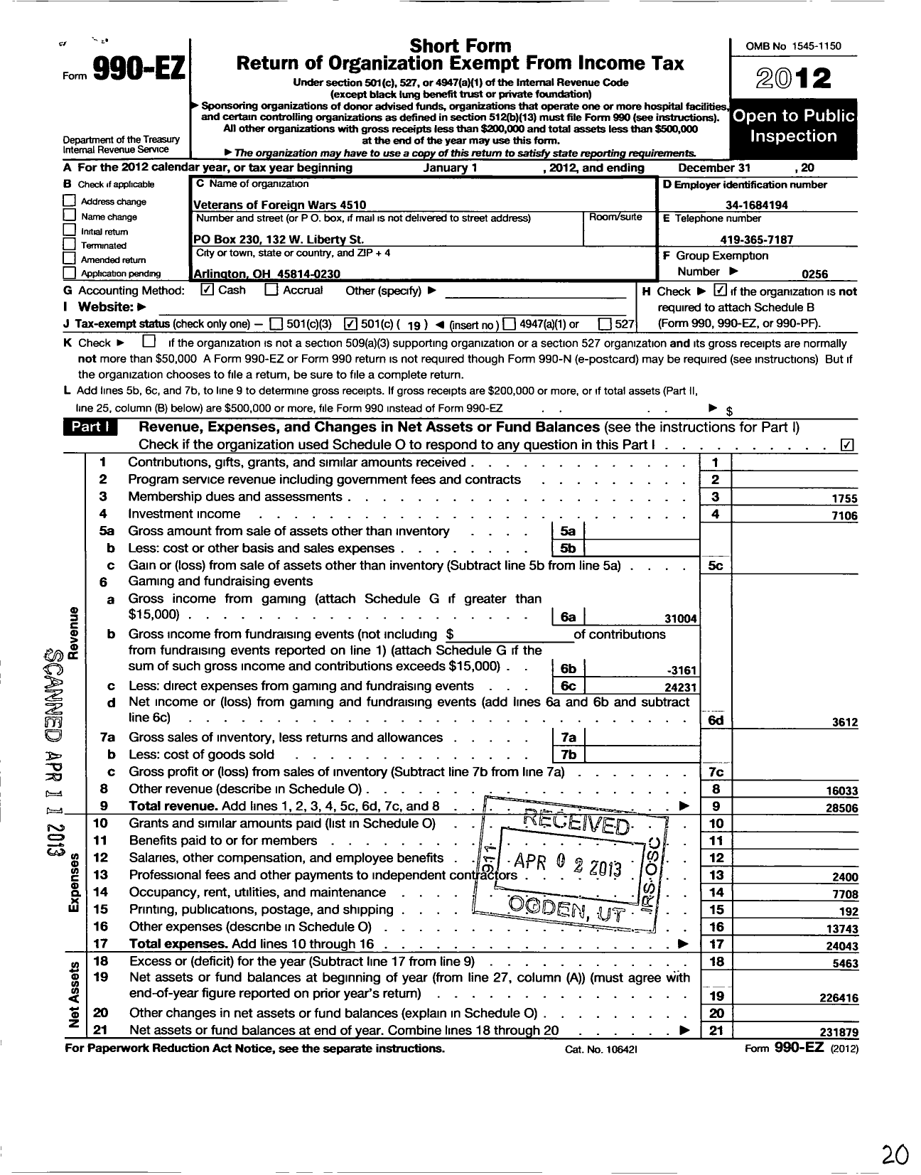 Image of first page of 2012 Form 990EO for Ohio VFW - 4510 Arlington Post