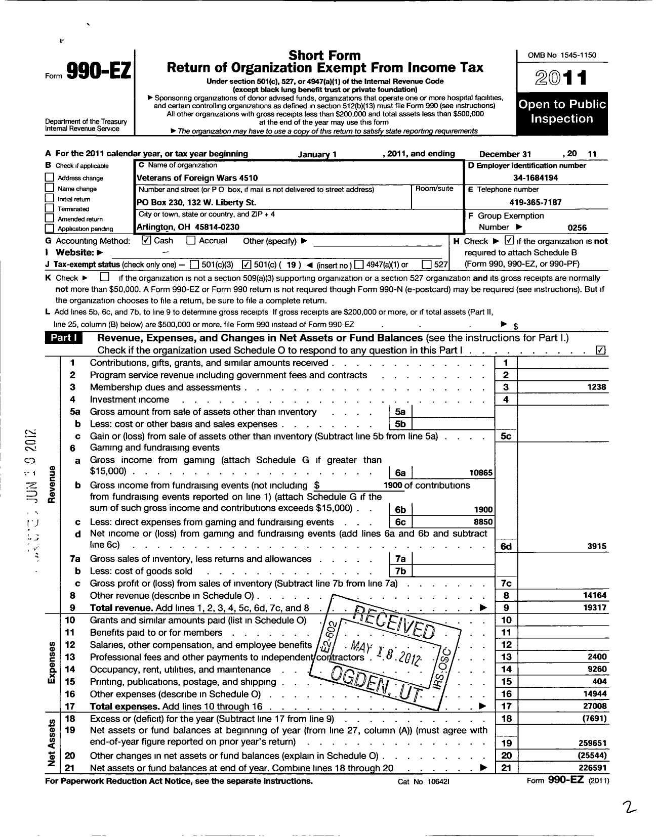 Image of first page of 2011 Form 990EO for Ohio VFW - 4510 Arlington Post