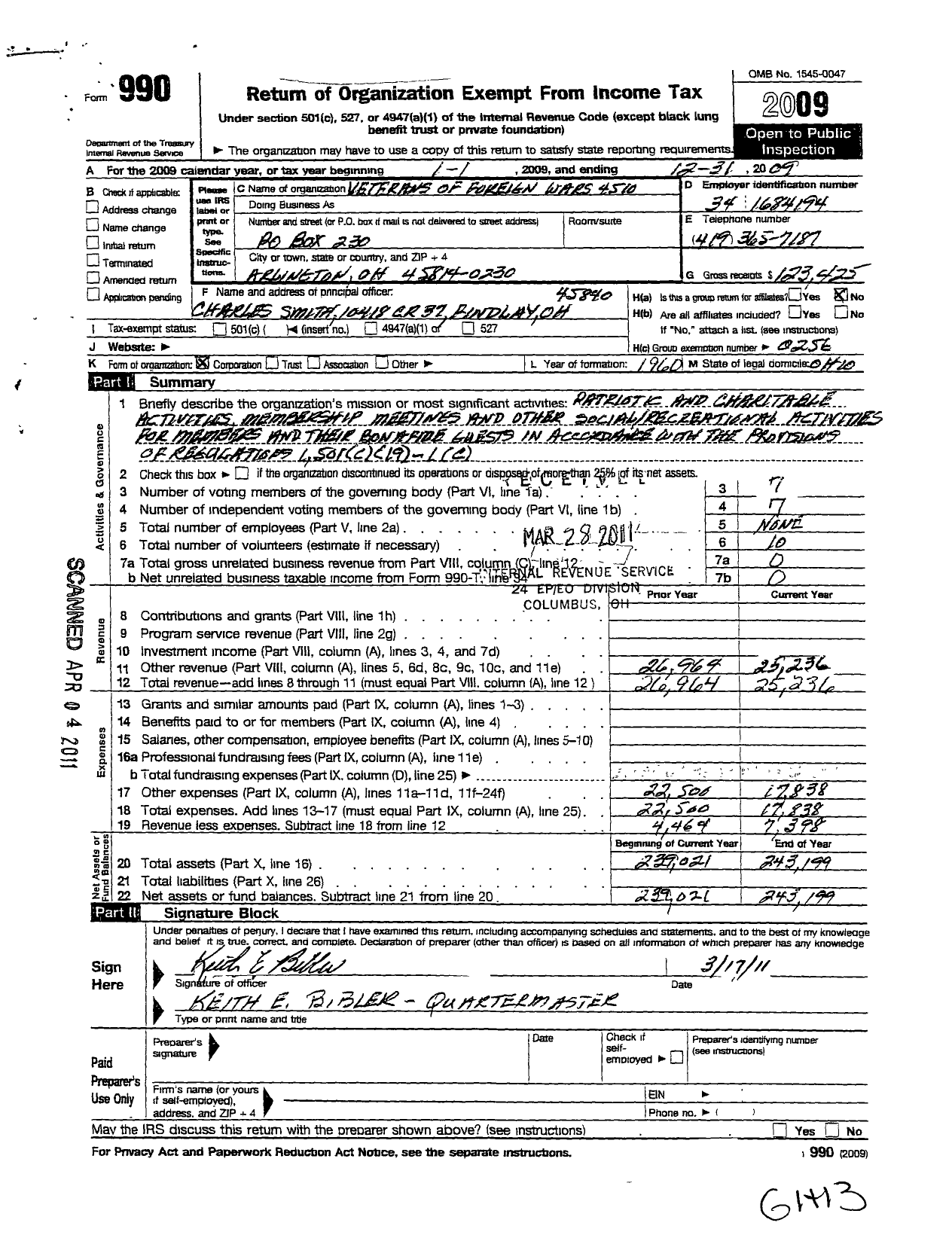 Image of first page of 2009 Form 990O for Ohio VFW - 4510 Arlington Post