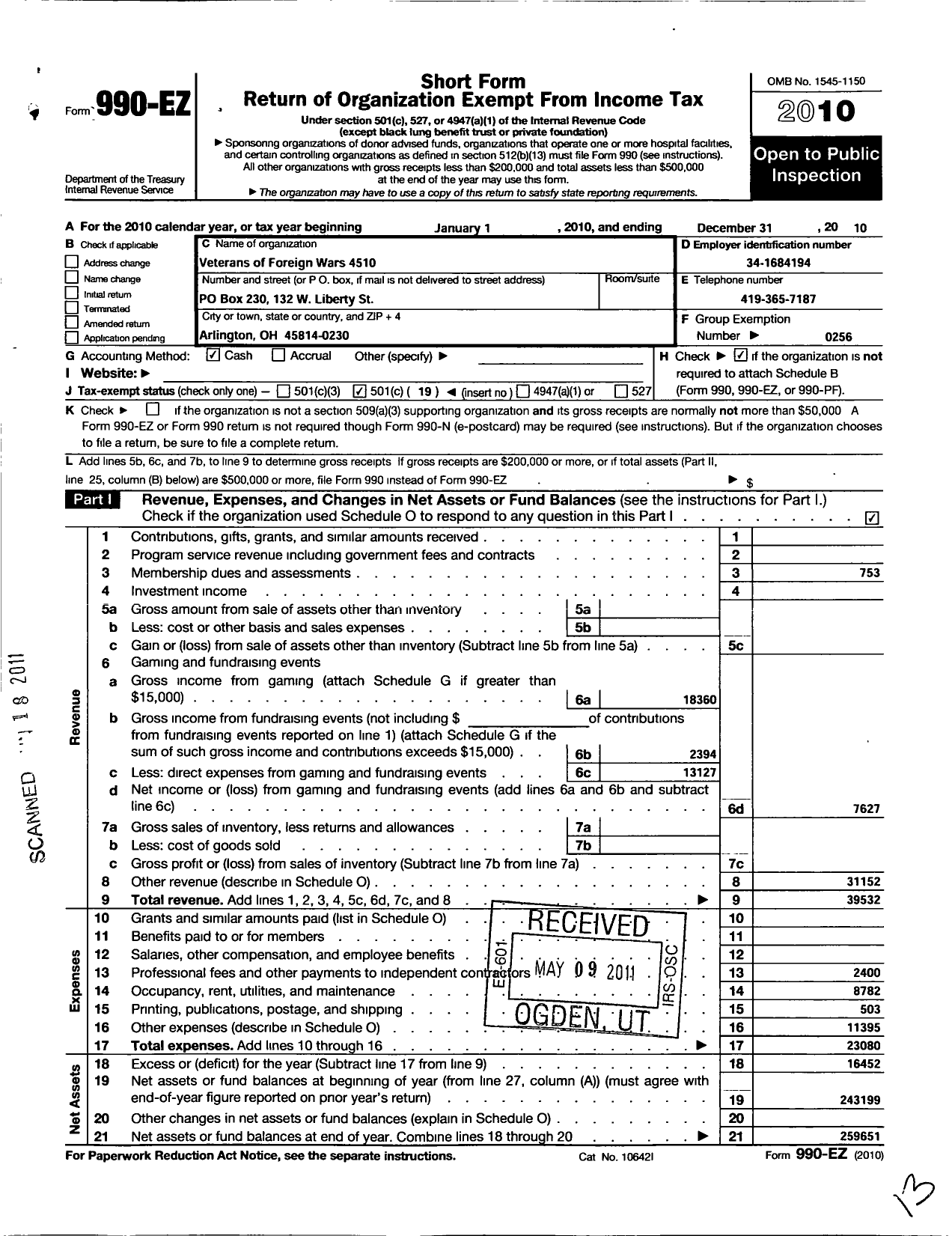 Image of first page of 2010 Form 990EO for Ohio VFW - 4510 Arlington Post