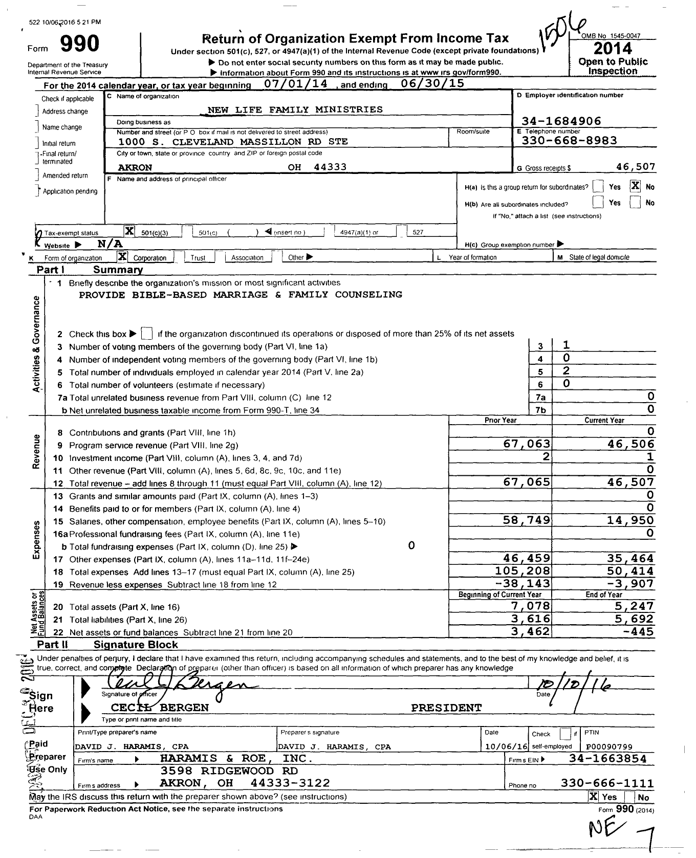 Image of first page of 2014 Form 990 for New Life Family Ministries