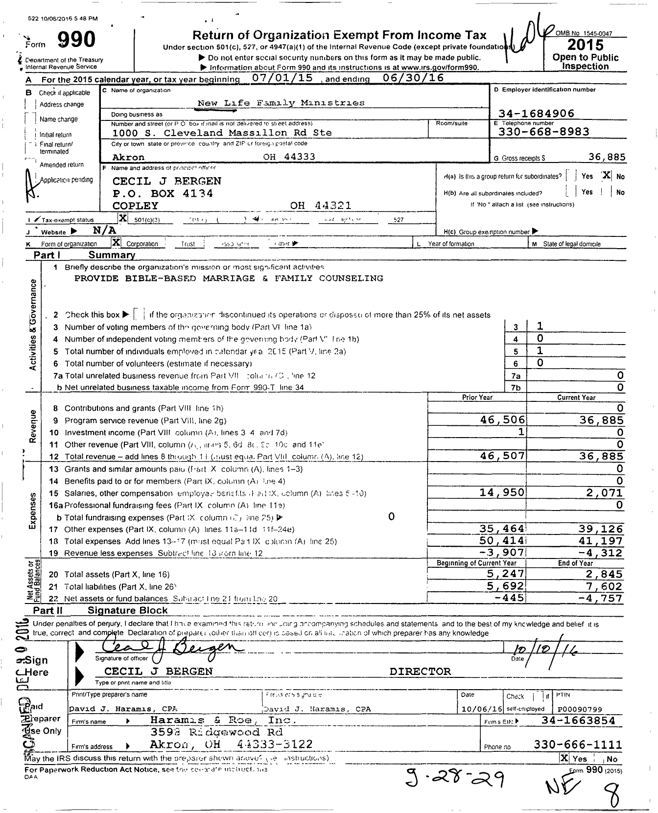 Image of first page of 2015 Form 990 for New Life Family Ministries