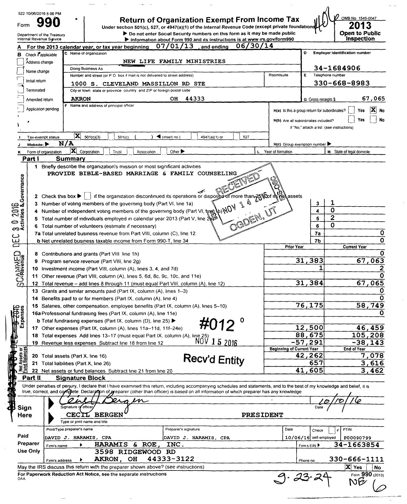 Image of first page of 2013 Form 990 for New Life Family Ministries