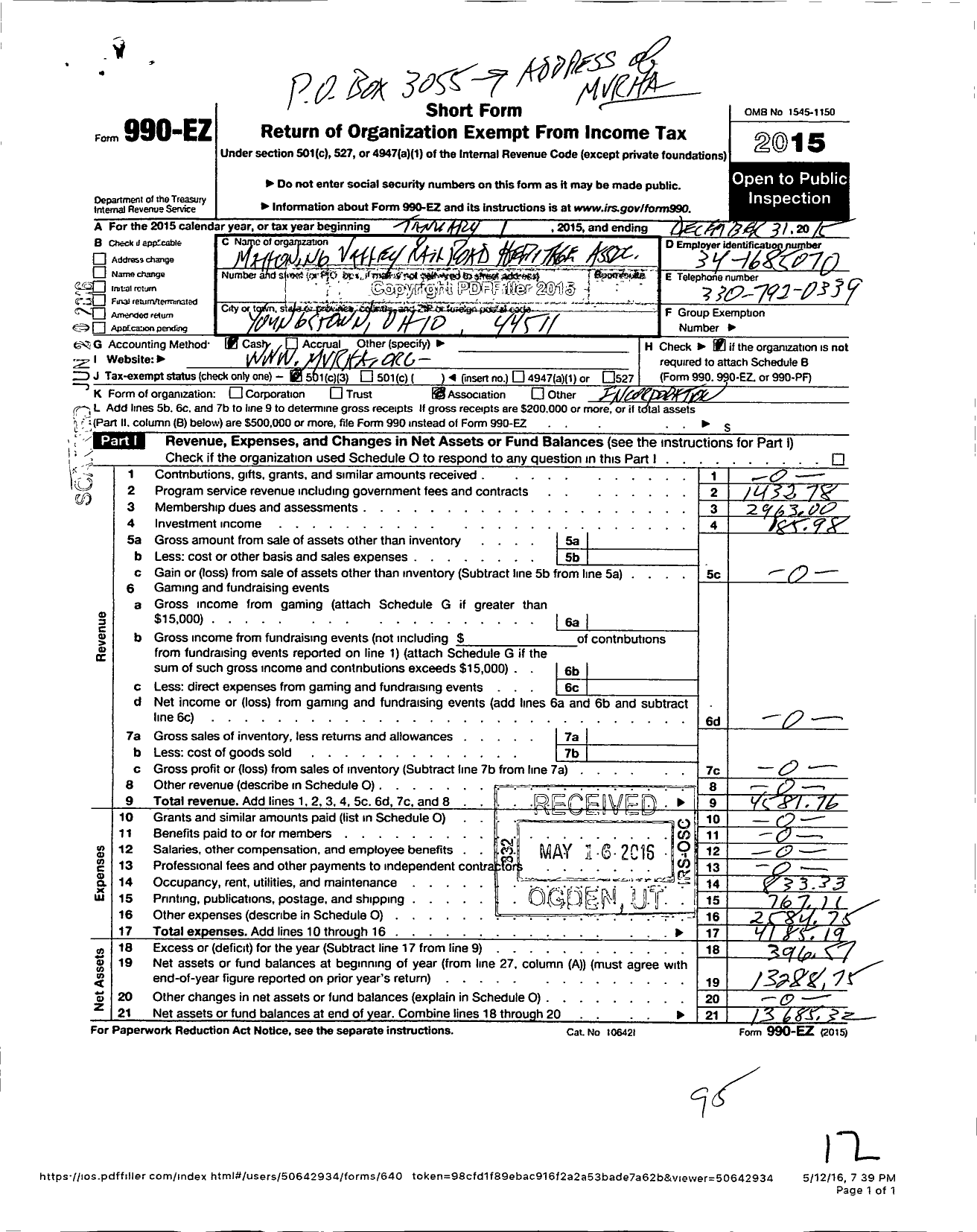 Image of first page of 2015 Form 990EZ for Mahoning Valley Railroad Heritage A