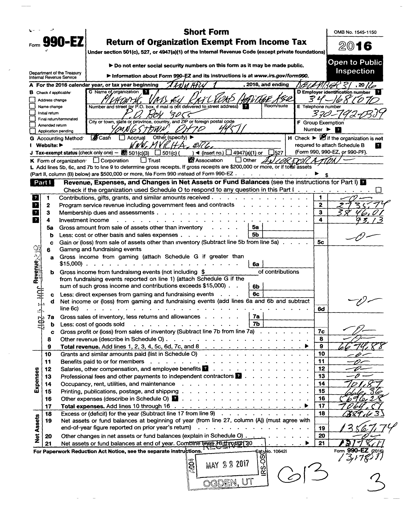 Image of first page of 2016 Form 990EZ for Mahoning Valley Railroad Heritage A